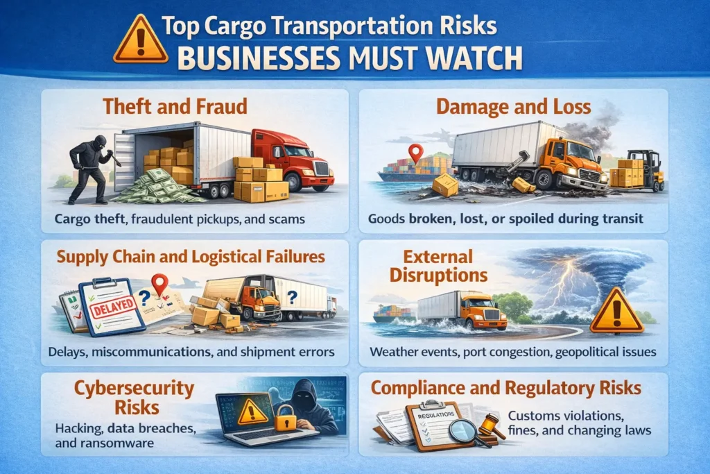 Cargo transportation risks including theft, cargo damage, cyber threats, and supply chain disruptions in global trade