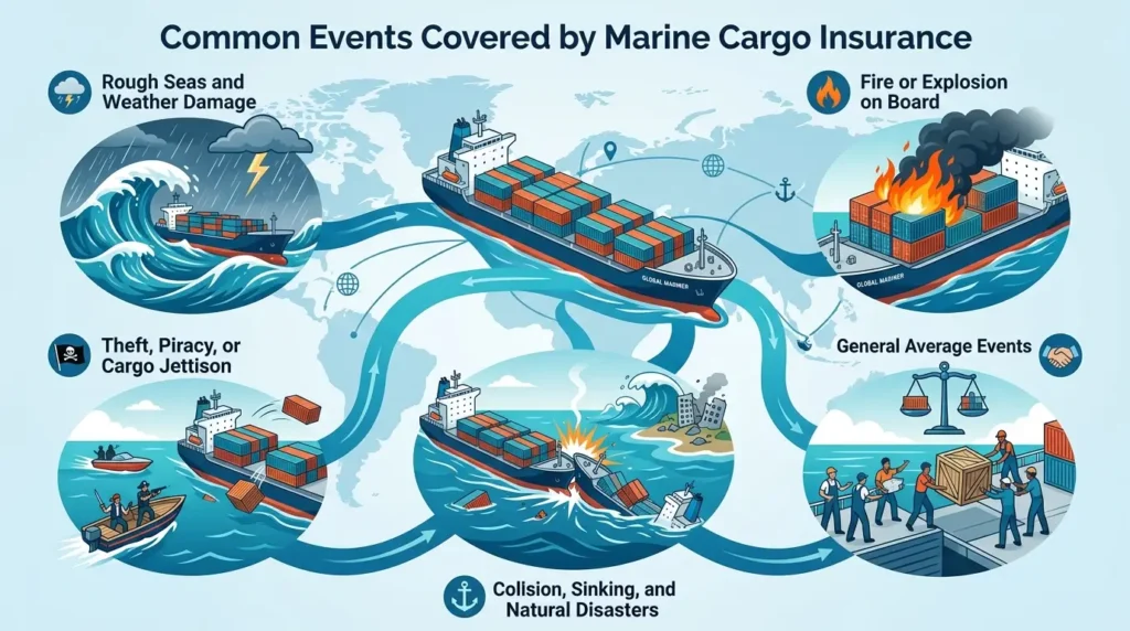 Marine cargo insurance coverage illustration with storm damage, fire, theft, piracy, and ship collision risks.