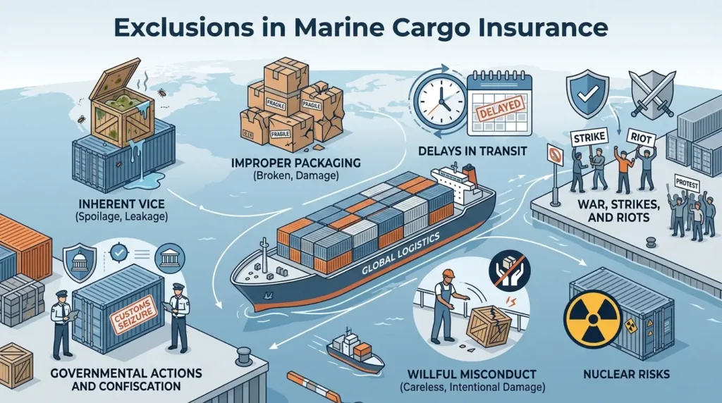 Marine cargo insurance exclusions illustration covering packaging issues, delays, war risks, and government confiscation