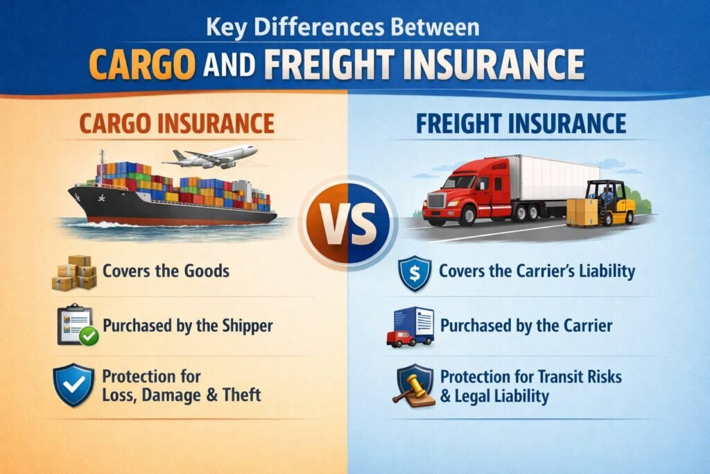 Comparison chart showing key differences between cargo insurance and freight insurance, including coverage, who it protects, premium calculation, claim process, and risk protection.