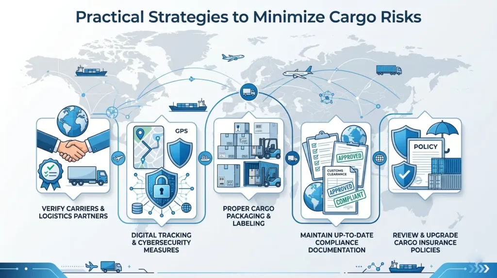 Cargo risk management strategies including tracking systems, packaging safety, and insurance protection in logistics.