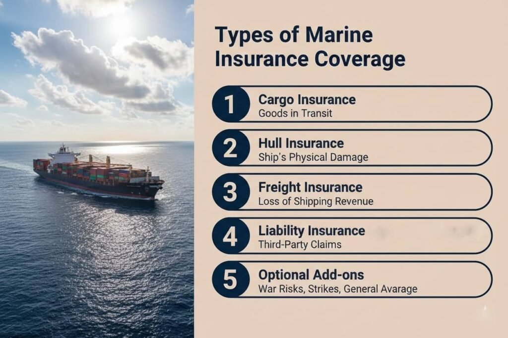 Types of marine insurance coverage including cargo, hull, freight, and liability insurance
