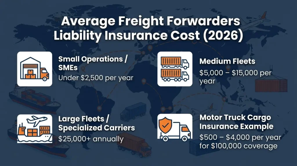 Average freight forwarders liability insurance cost in 2026 showing premiums for SMEs, medium fleets, and large logistics companies.