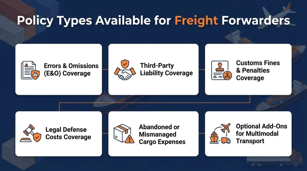Freight forwarder risk protection policies including liability coverage, customs fines insurance, and multimodal transport add-ons.