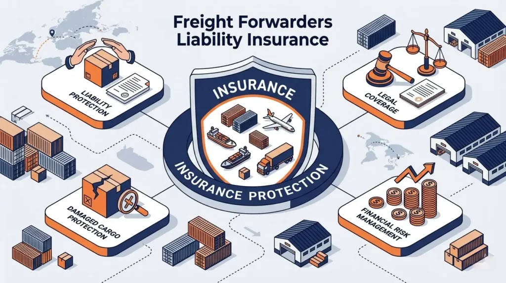 Freight forwarders liability insurance protecting logistics companies from cargo damage, loss, delays, and third-party claims.
