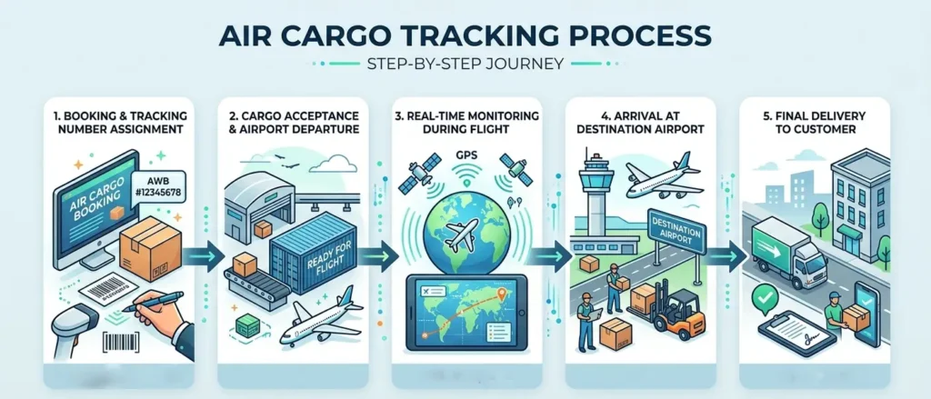 Step by step air cargo tracking process showing booking, shipment departure, real time tracking, arrival, and final delivery stages