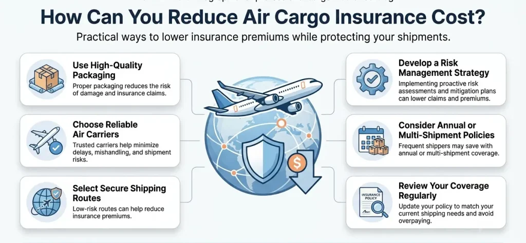 Infographic showing practical ways to reduce air cargo insurance cost.