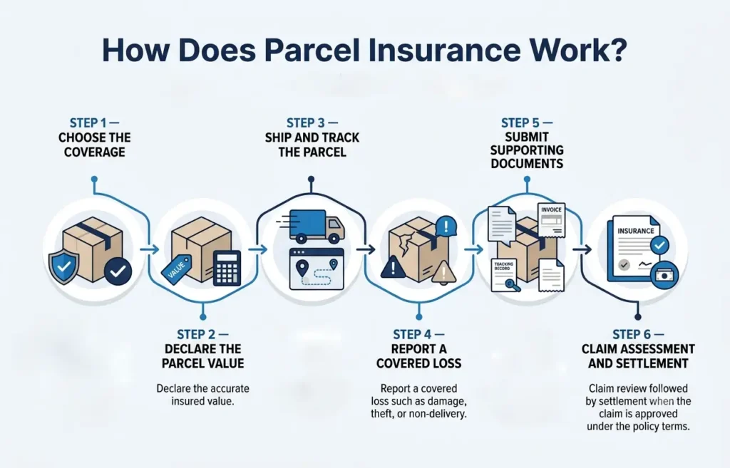 Parcel insurance process showing coverage selection, declared value, shipment tracking, claim filing, documentation, and settlement
