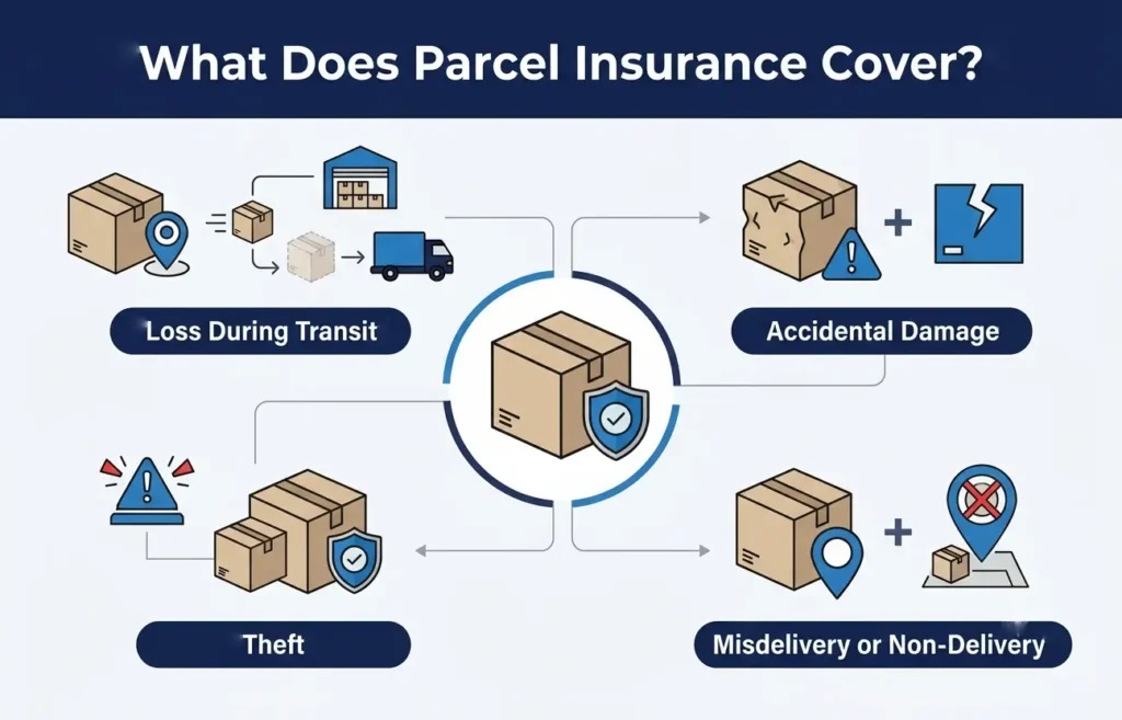 Parcel insurance coverage infographic showing loss, damage, theft, and misdelivery risks
