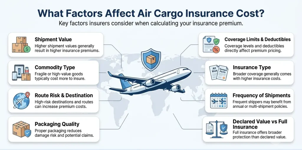Visual overview of the factors that impact air cargo insurance cost.