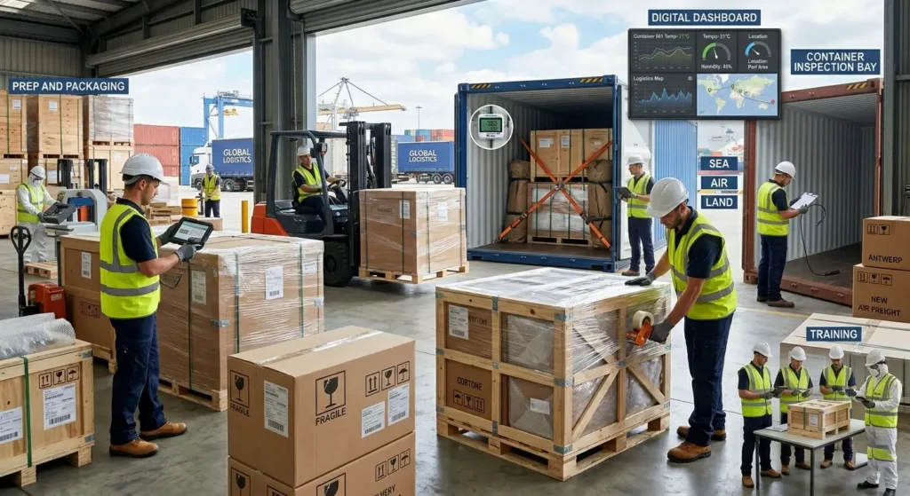Best practices to prevent cargo damage showing packaging, palletization, container loading, inspection, labeling, and cargo handling in a warehouse