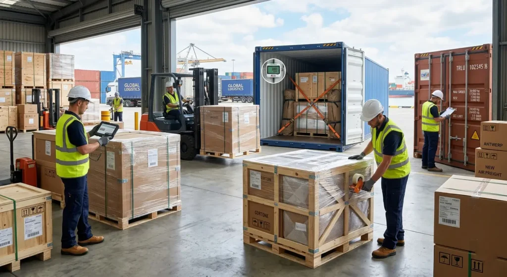 Cargo damage risks in international shipping showing damaged packages, rough handling, and transit hazards in global logistics