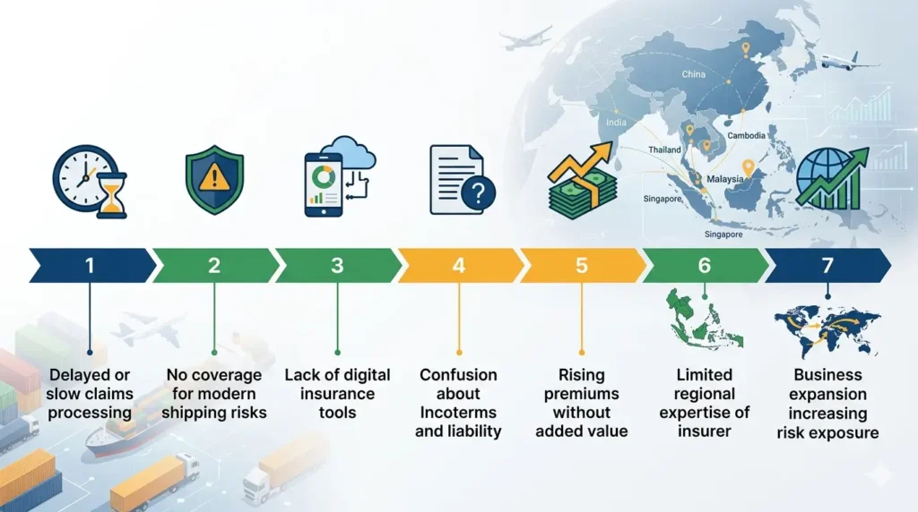 Marine cargo insurance in Malaysia infographic showing 7 signs your business needs better coverage and insurance provider support.