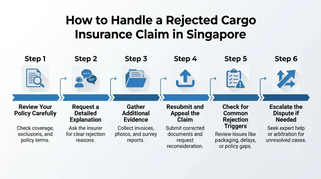 Cargo insurance claim in Singapore infographic showing step-by-step process to appeal rejected claims and improve approval chances.