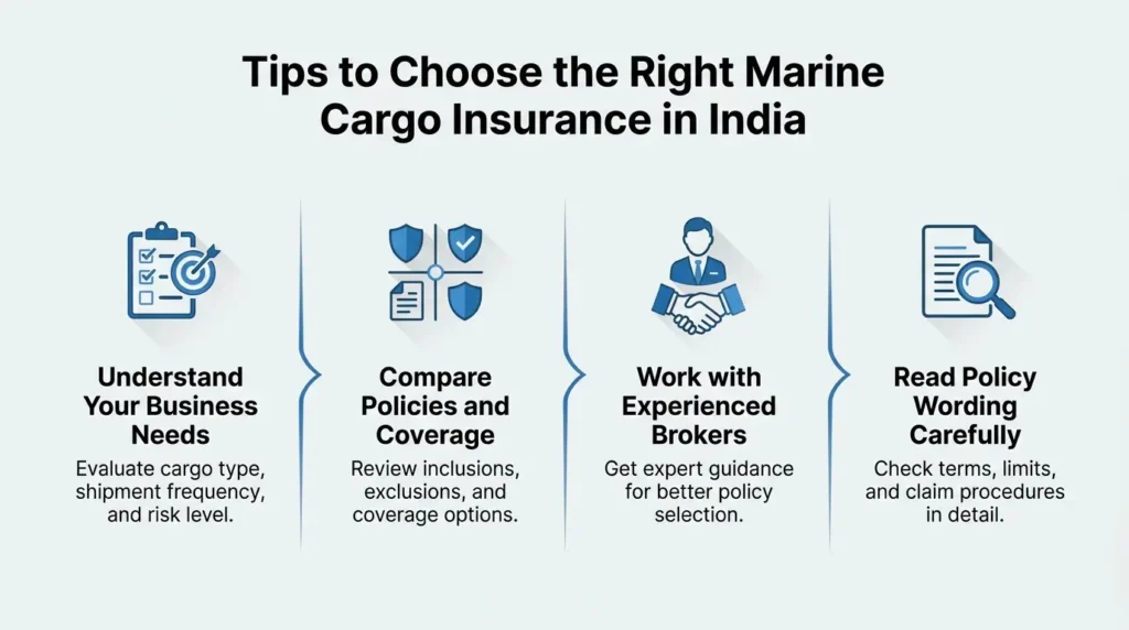 Marine cargo insurance in India infographic highlighting tips to choose the right coverage and avoid costly mistakes.