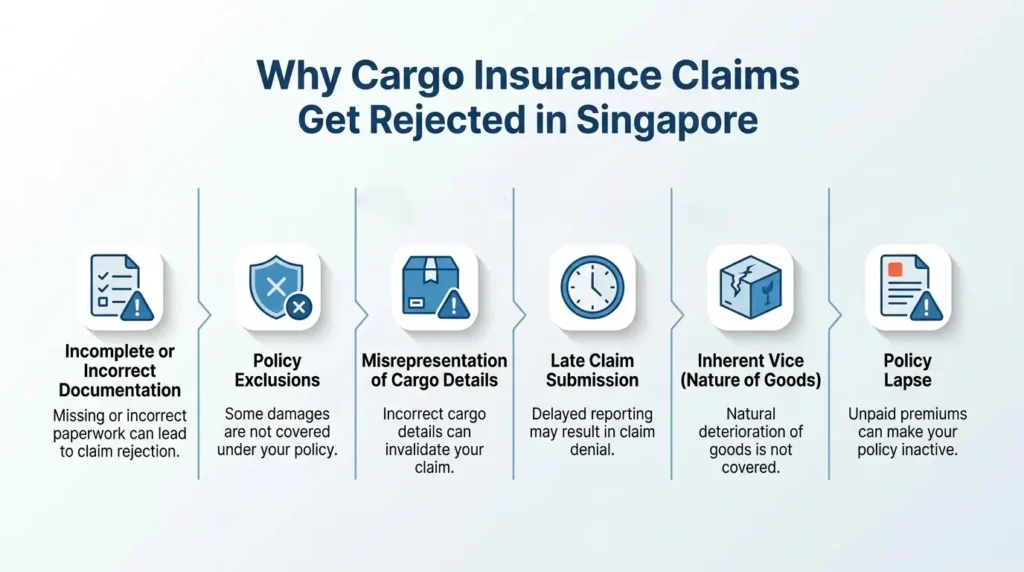 Visual guide to cargo insurance claim rejection in Singapore highlighting common issues such as missing paperwork, delayed claims, and inactive policy.