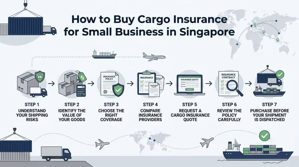 Infographic showing the seven steps to buy cargo insurance for a small business in Singapore.