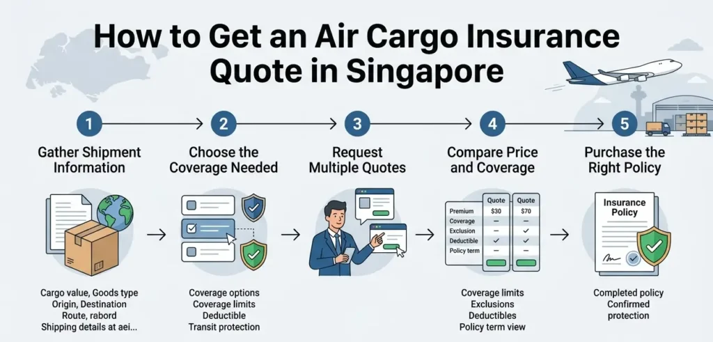5 steps to get an air cargo insurance quote in Singapore, from gathering shipment information to choosing coverage, comparing quotes, and purchasing a policy