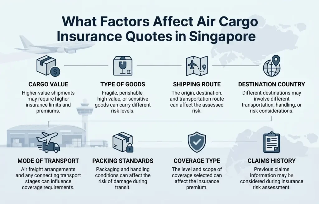 Factors affecting air cargo insurance quotes in Singapore, including cargo value, goods type, shipping route, destination, transport mode, packaging, coverage, and claims history